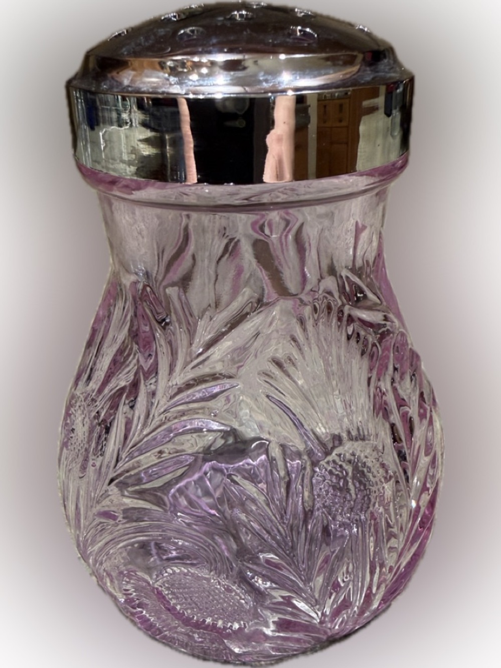 Pink/Purple Pressed Glass Powder/ Sugar Jar with Silver Tone Lid.